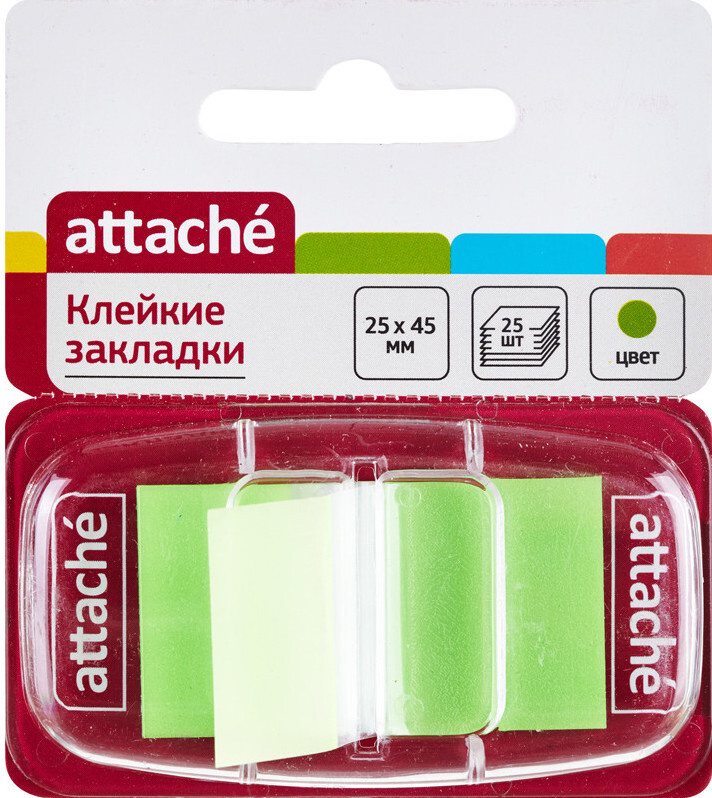 Клейкие закладки пластиковые 1 цвет по 25 листов 25х45 зеленый Attache 5 штук в упаковке  #1
