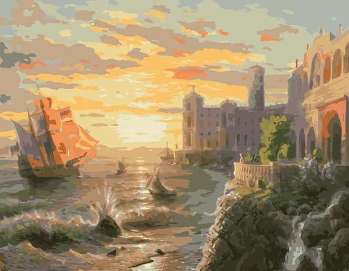 Картина по номерам на холсте 40х50 40 x 50 на подрамнике "Замок на берегу моря и корабли" DVEKARTINKI #1