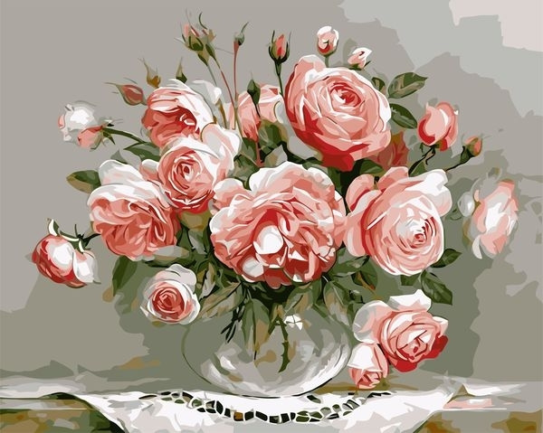 Картина по номерам на холсте 40х50 40 x 50 на подрамнике "Букетик роз в прозрачной вазе" DVEKARTINKI #1