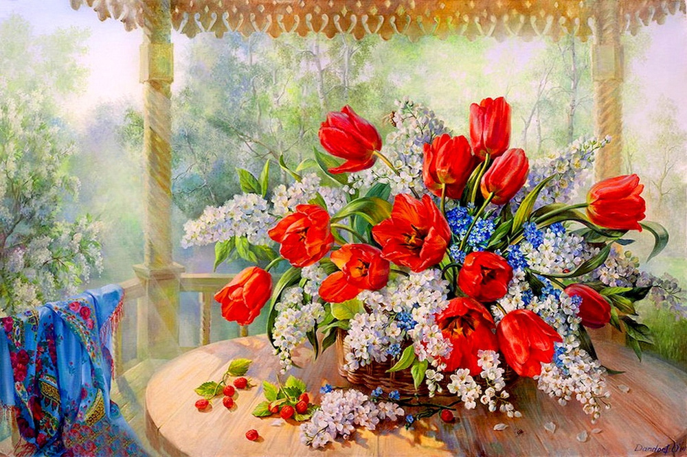 Картина по номерам на холсте 40х50 40 x 50 на подрамнике "Тюльпаны, черемуха и пролески" DVEKARTINKI #1