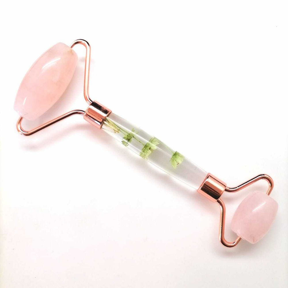 Массажер-роллер для лица двусторонний из розового кварца, декоративная ручка с цветами 01  #1