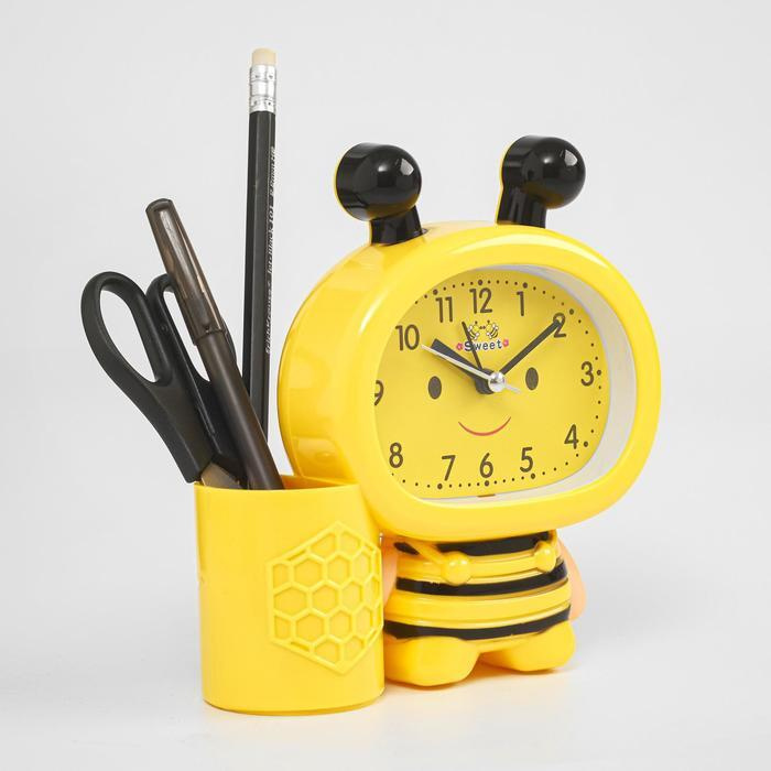 Будильник "Пчела", с карандашницей, дискретный ход, d-9 см, 14.5 х 14 см, желтый  #1