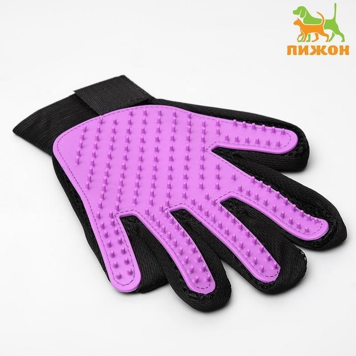 Перчатка-щетка для шерсти на левую руку из неопрена с удлиненными зубчиками, фиолетовая  #1