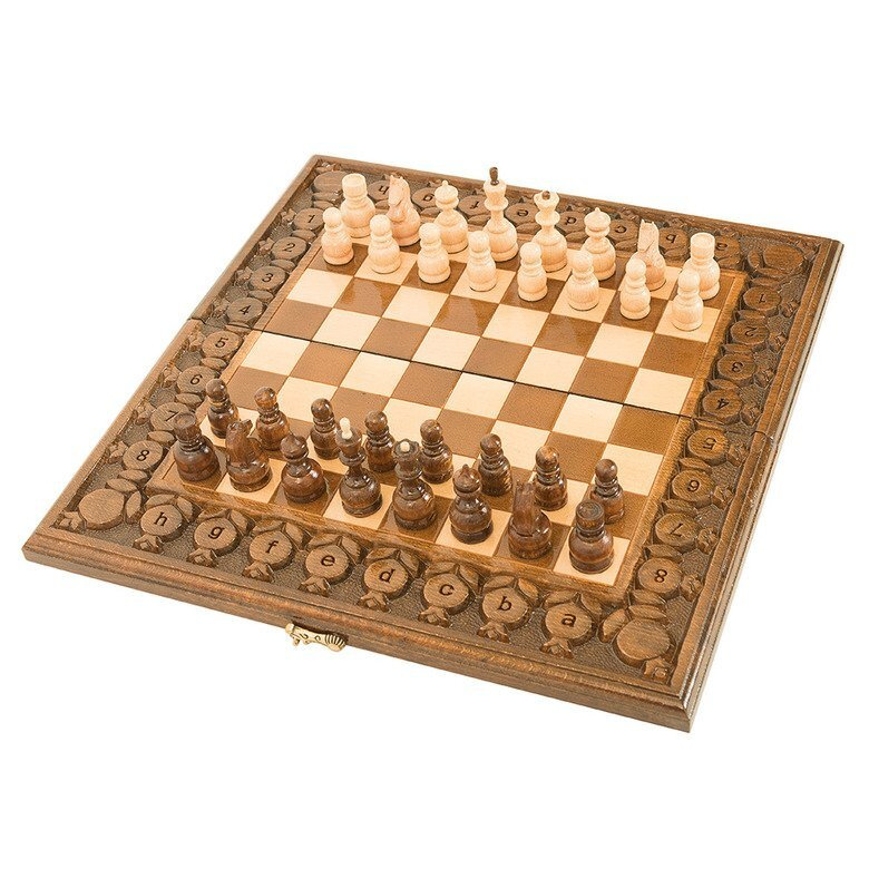 Шахматы + нарды резные с гранатами 40, Haleyan подарочные средние малые деревянные из бука резаные 40х40 #1