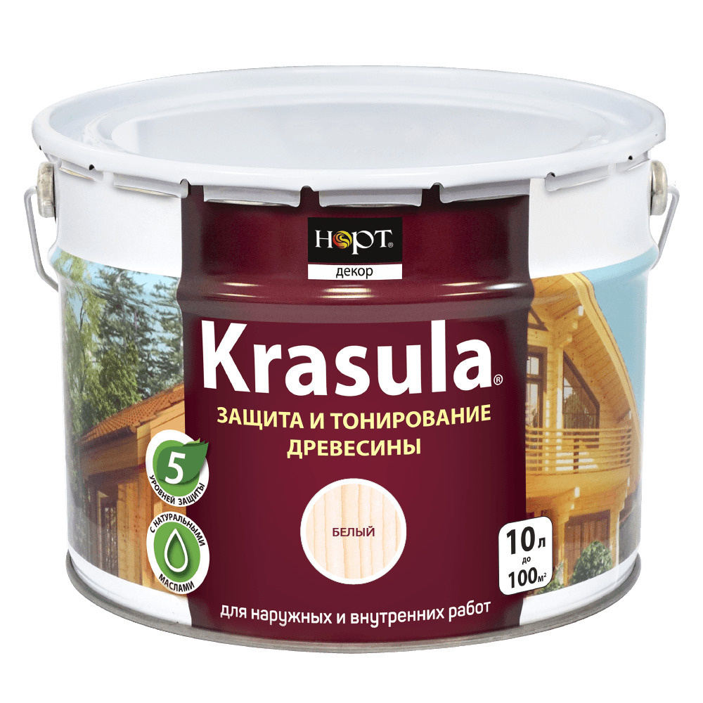Krasula 10л белый, Защитно-декоративный состав для дерева и древесины Красула, пропитка, защитная лазурь #1
