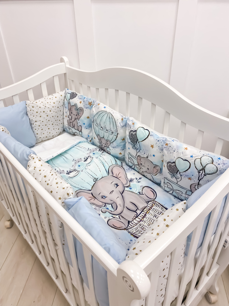 Комплект бортиков в детскую кроватку для новорожденных и малышей с постельным бельем "Сюрприз" Голубой #1