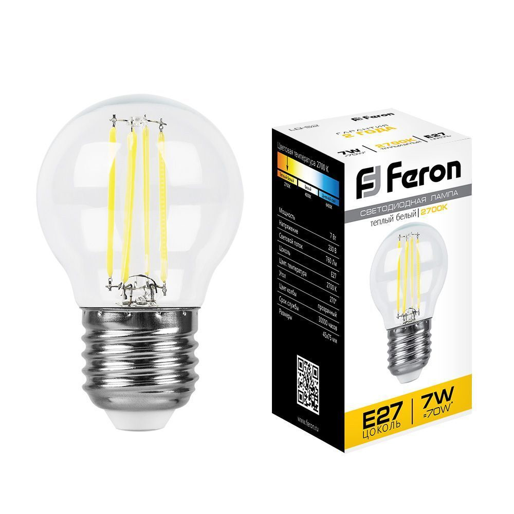 Лампа светодиодная LED 7вт Е27 теплый шар FILAMENT код. 25876 FERON #1