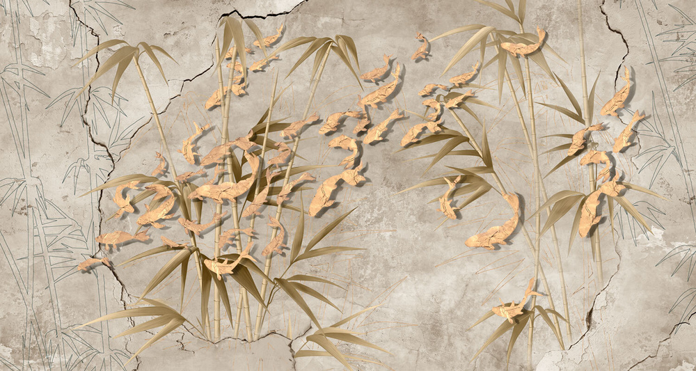 Фотообои флизелиновые на стену 3д GrandPik 17149 "Золотые рыбки в бамбуке", (ШхВ) 450х240 см  #1