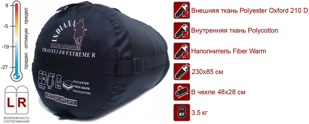 Спальный мешок "INDIANA" Traveller Extrime R-zip от -27C (с подголовником 230x90см)  #1