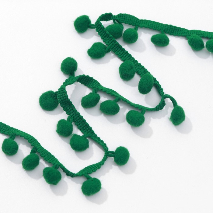 Тесьма декоративная с помпонами, 25 мм, 9 м, цвет зелёный #1