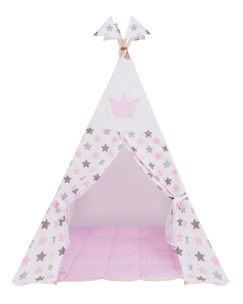 Детский вигвам "Розово-серые звезды" Vigvam Shop с цельными палками 180см с розовым матрасом (в комплект #1