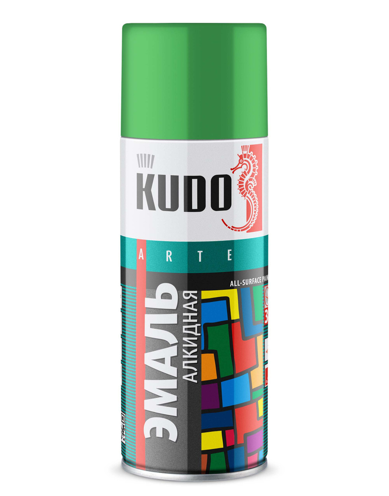 Аэрозольная краска в баллончике KUDO, алкидная, быстросохнущая, глянцевое покрытие, светло-зеленый RAL #1