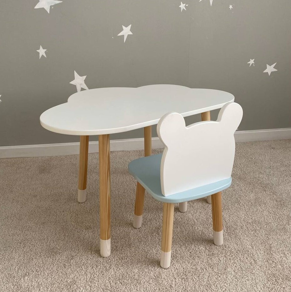Комплект детской мебели DIMDOMkids, стол "Облако" белый + стул "Мишка" голубой  #1