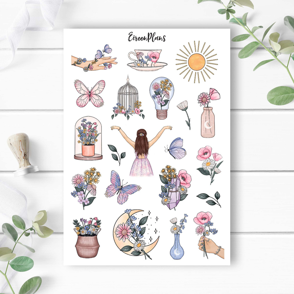 Наклейки Девушка и цветы. Декоративные стикеры для ежедневника и скрапбукинга. Бабочки, магия, кристаллы, #1