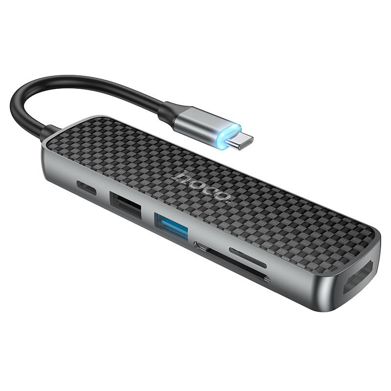 Многофункциональный Type-C хаб Hoco HB24 Easy display HDMI + USB3.0 + USB2.0 + SD + TF + PD, черный с #1