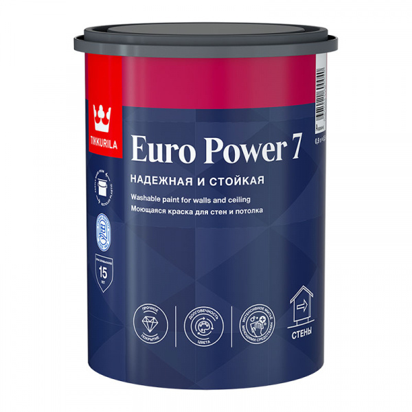 TIKKURILA EURO POWER 7 / Тиккурила Евро Пауэр 7 краска моющаяся для стен и потолка, матовая, база A (0,9 #1