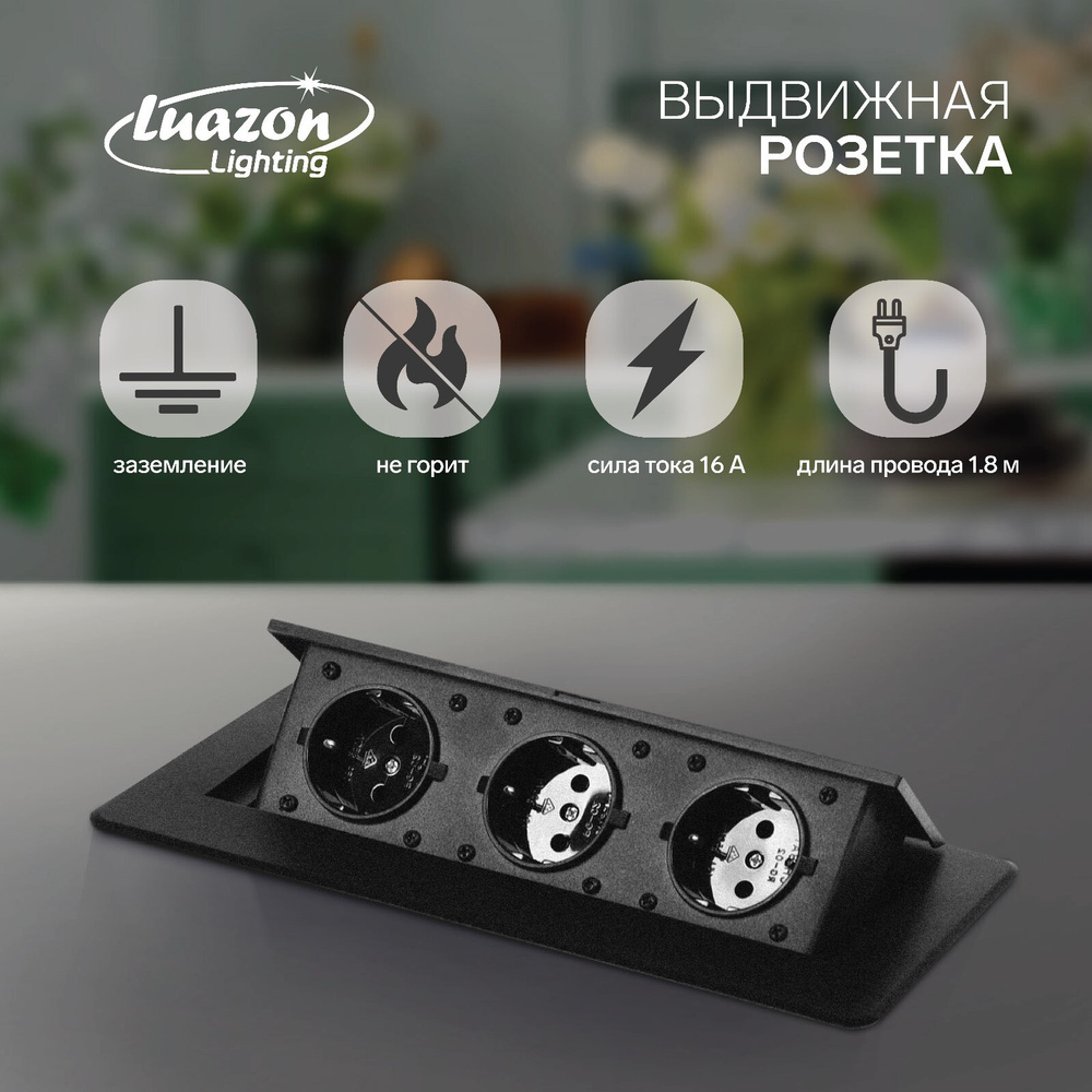 Розетка выдвижная Luazon Lighting, 16 А, трехместная, в стол, горизонтальная, черная  #1