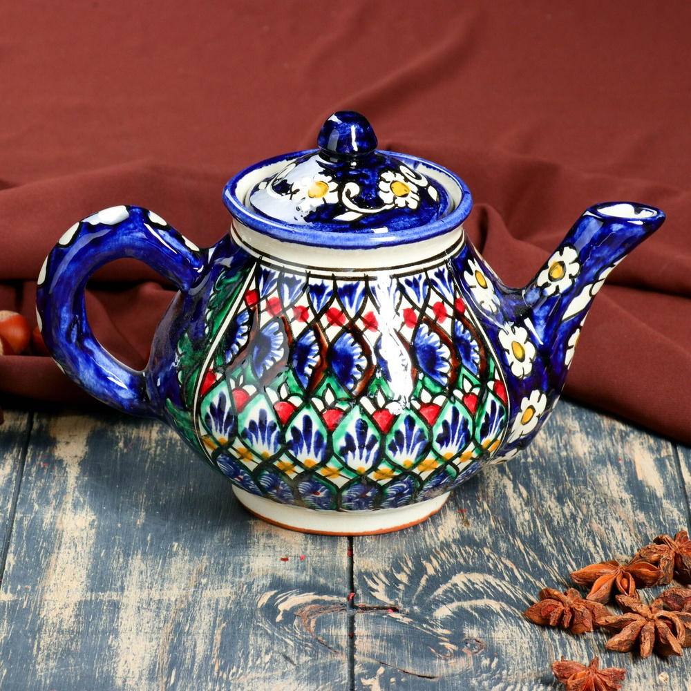 Чайник Риштанская Керамика "Узоры", объем 700 мл, цвет синий  #1