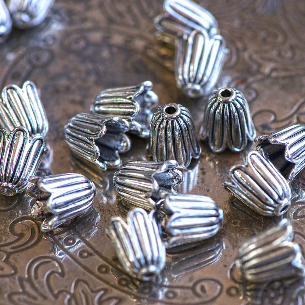 Колпачок шапочка для бусин 20 шт., размер 10х10 мм, цвет античное серебро  #1