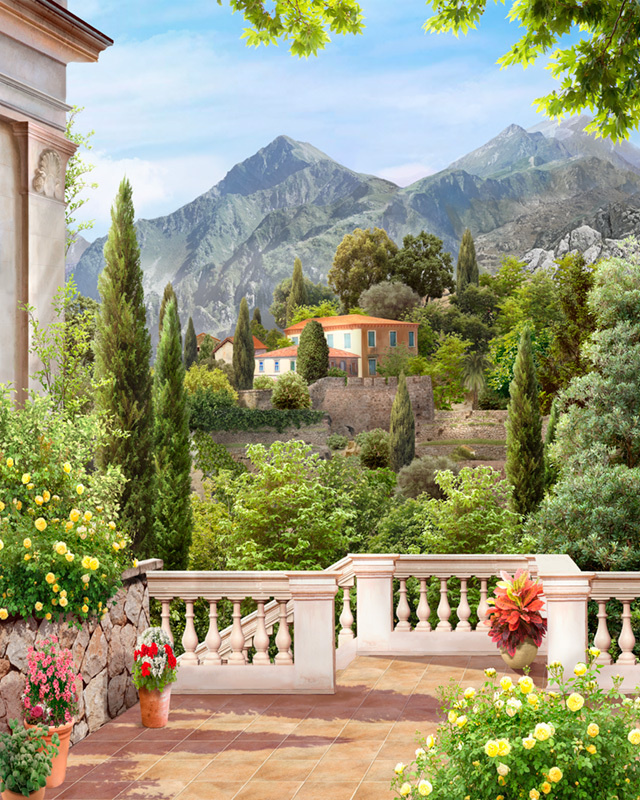 Фотообои GrandPik 71484, 200х250 см(ШхВ) Фреска "Тоскана, Италия, горный пейзаж, терраса, красивый вид" #1