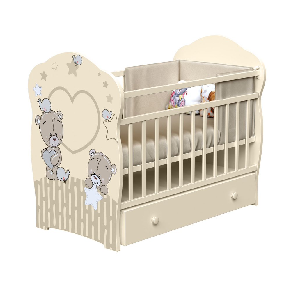 Кроватка детская ВДК Forever Friends для новорожденных, с маятником и ящиком для белья, массив березы, #1