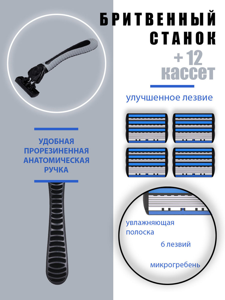 Бритва для мужчин 12 сменных кассет, с 6 лезвиями для идеально гладкой кожи  #1