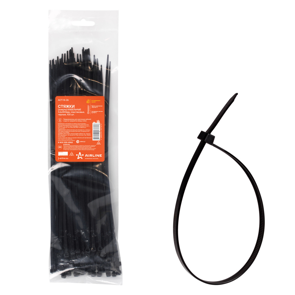Стяжки (хомуты) кабельные 3,6*300 мм, пластиковые, черные, 100 шт. AIRLINE ACT-N-26  #1