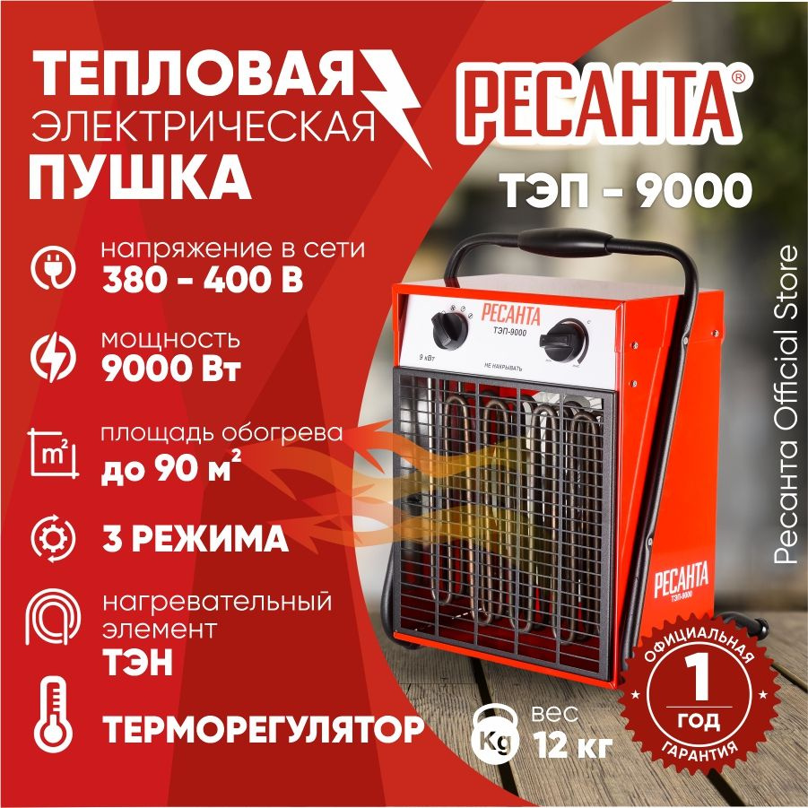 Тепловая электрическая пушка ТЭП-9000 (квадратная) Ресанта / 9000 Вт, от 380В /  #1