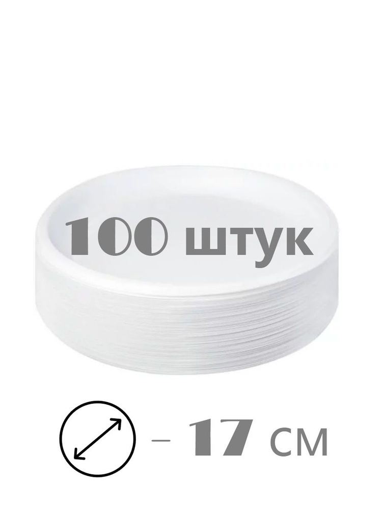 Комплект, набор одноразовых пластиковых тарелок 100 шт, диаметр 17 см, белая, для праздника пикника похода #1