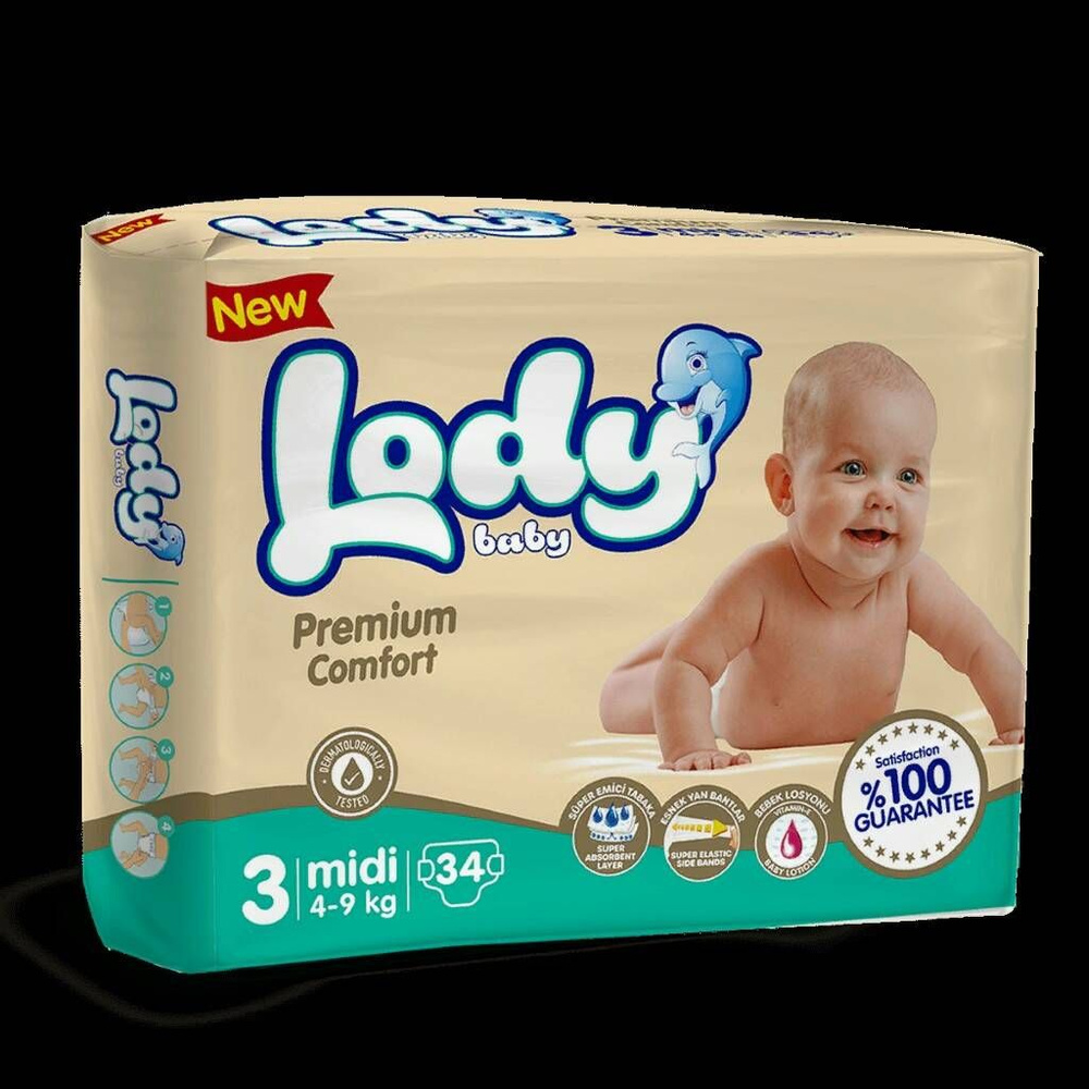 Подгузники LODY BABY MIDI 3 ( 4-9 Kg ), Турецкие подгузники для малышей, 34  шт, для чувствительной кожи младенца, отлично для роддома, с первых дней  жизни - купить с доставкой по выгодным ценам в интернет-магазине OZON  (719985265)