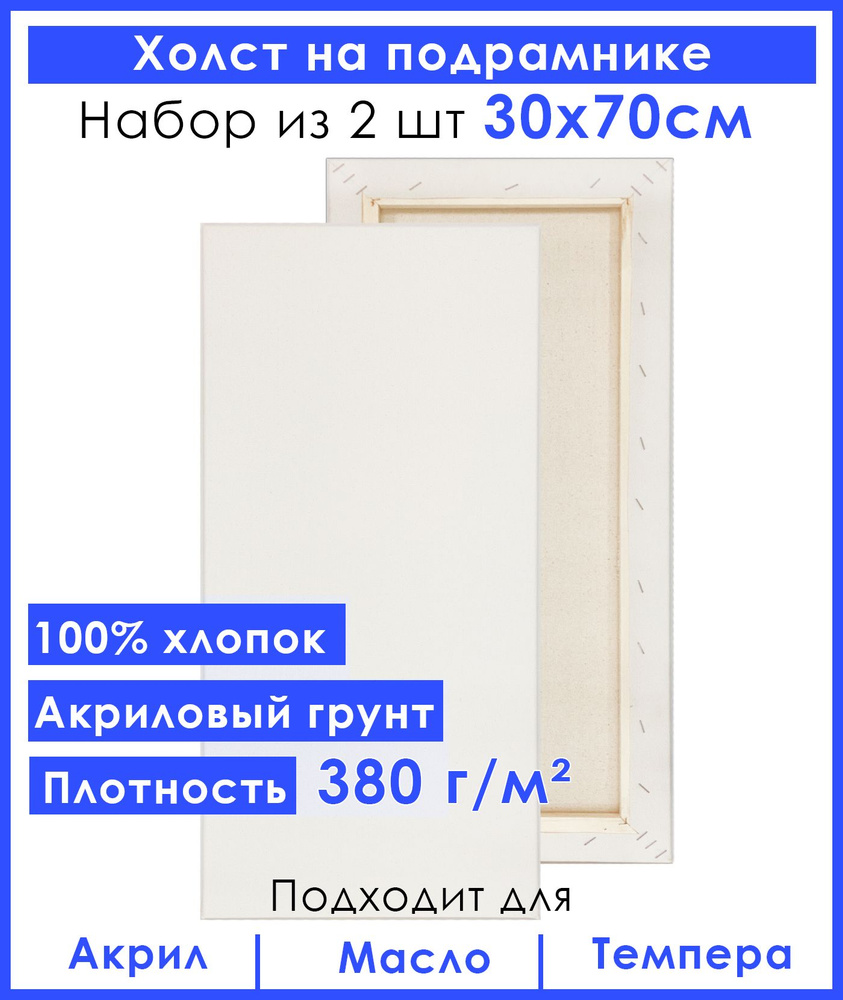 Холст грунтованный на подрамнике 30х70 см, двунитка хлопок 100%, для рисования, набор 2 шт.  #1