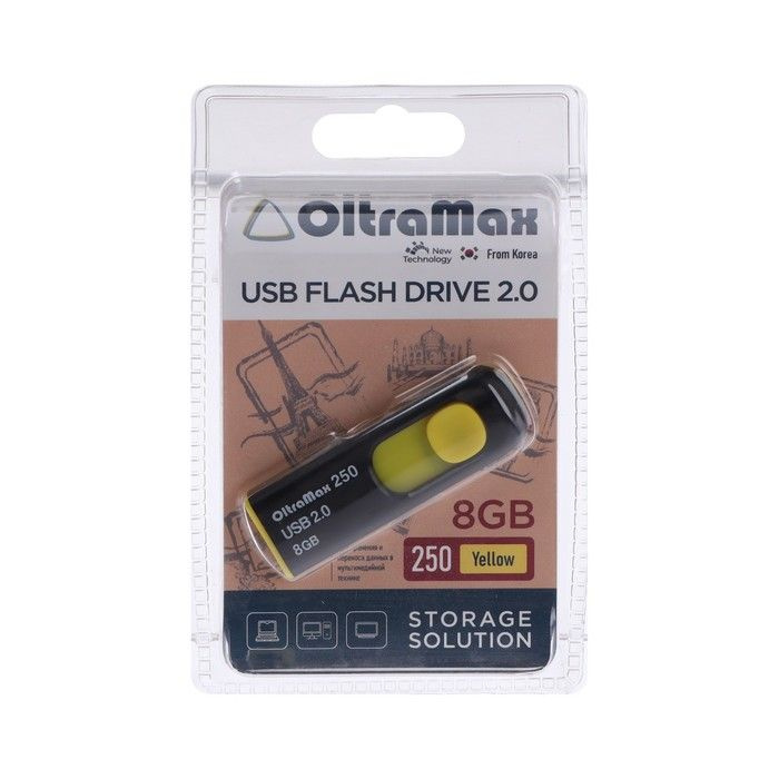 Флешка OltraMax 250, 8 Гб, USB2.0, чтение до 15 Мб/с, запись до 8 Мб/с, жёлтая  #1