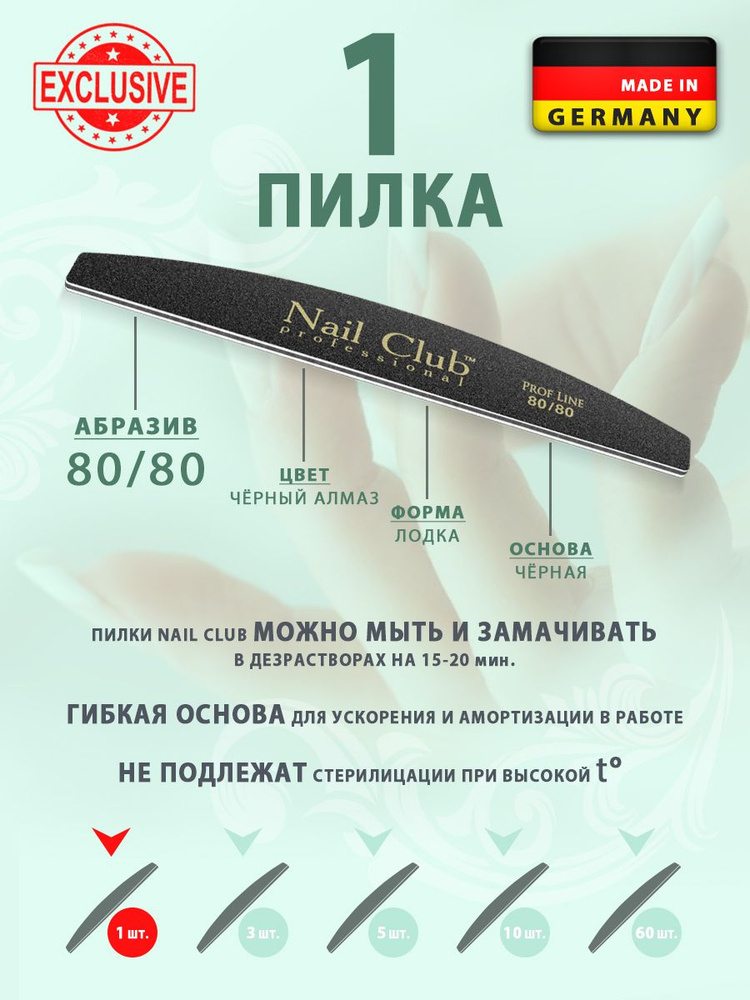 Nail Club professional Маникюрная пилка для опила ногтей чёрная, серия PROF LINE, форма лодка, абразив #1