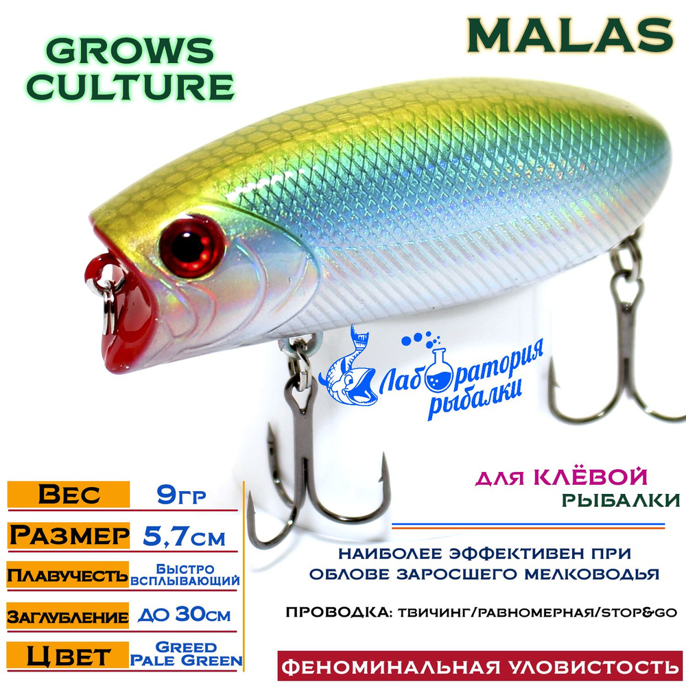 Воблер поверхностный Malas Grows Culture / длина 57 мм , вес 9 гр , цвет 3018 Greed Pale Green , заглубление #1