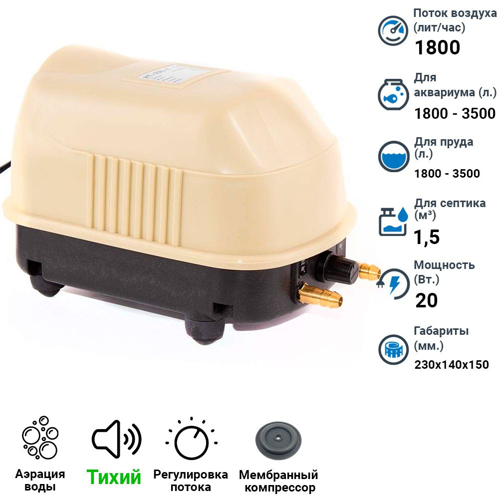 Тихий воздушный компрессор для аквариума и пруда от 1800 до 3500 литров, Sunsun HT 200Z. С регулировкой #1