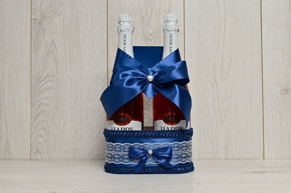 Свадебная корзинка для шампанского "Горько" синего цвета / Свадебное украшение для шампанского / Свадебное #1