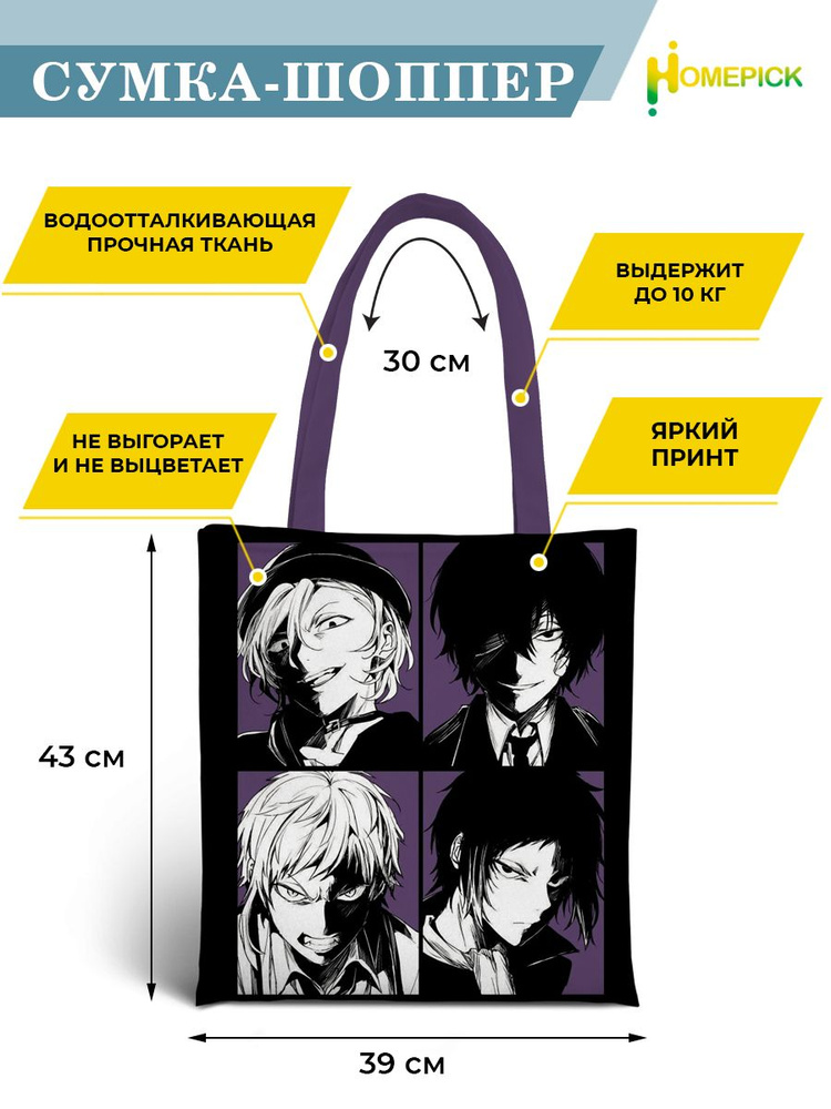 Сумка шоппер Аниме Homepick BungouStrayDogs/41254/" с принтом, 39х43 см Великий из бродячих псов  #1