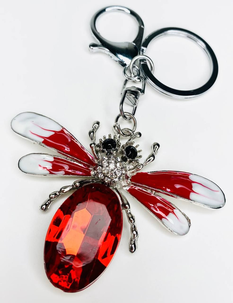 Брелок с карабином для ключей для сумки, большой серебристый брелок с крупным камнем, красная стрекоза #1