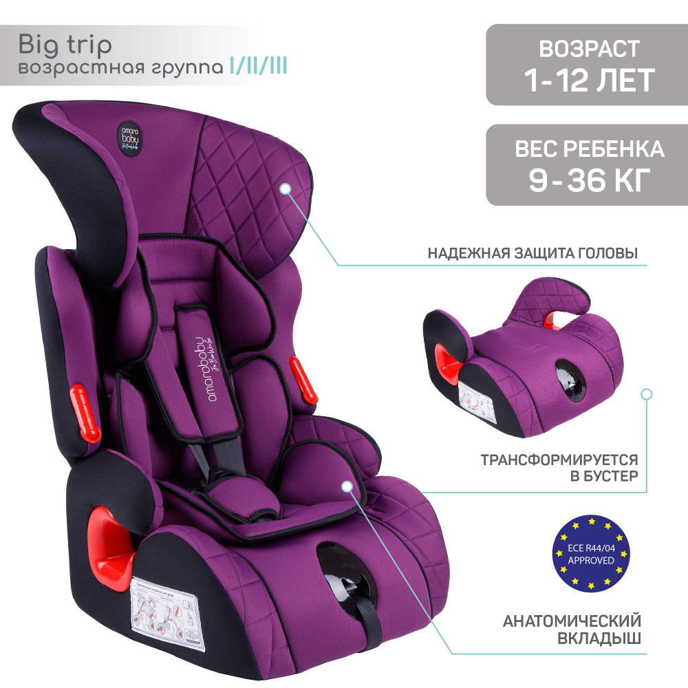 Автокресло детское AMAROBABY Big trip, группа I/II/III, 9-36 кг,(1-12 лет),фиолетовый  #1