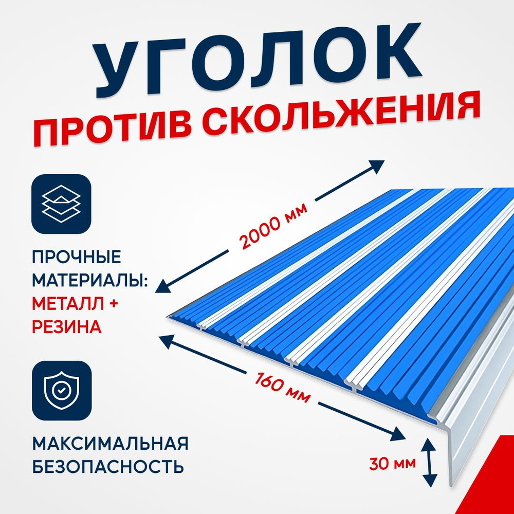 Противоскользящий алюминиевый угол-порог на ступени с пятью вставками 160мм, 2м, синий  #1