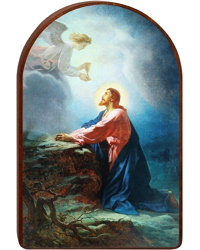 Икона на деревянной основе Спасителя "Моление о Чаше" арочная (16х10,7 см).  #1