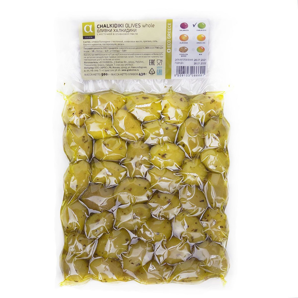 Греческие Оливки халкидики XL (chalkidiki olives) в оливковом маслеEvros 500 г.  #1