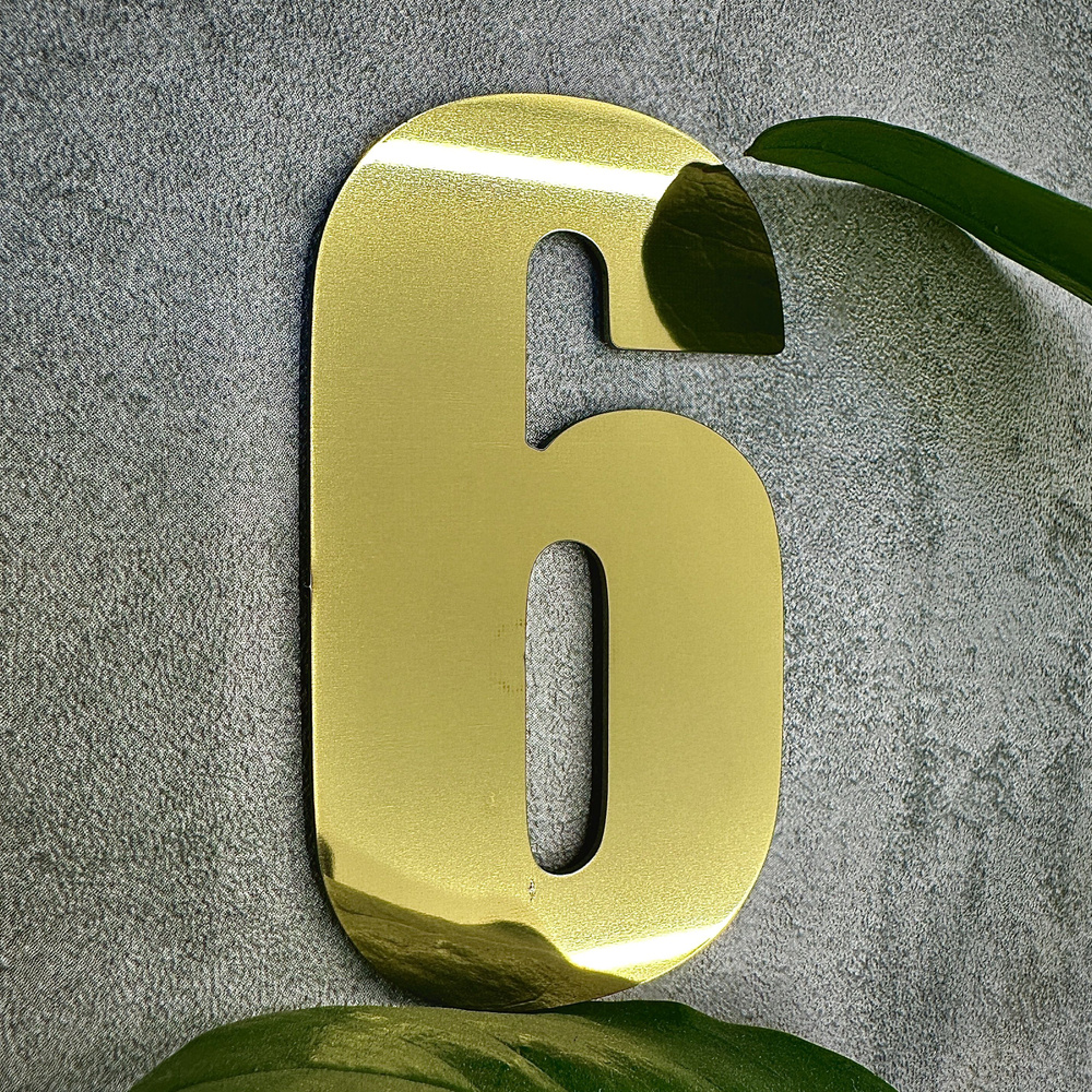 Цифры на дверь квартиры металл 6,9х4см самоклеющиеся, цифра номер 6, хромированное золото  #1