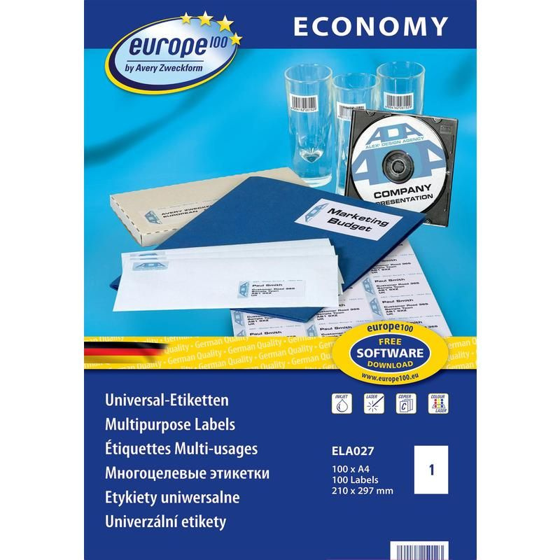 Этикетки самоклеящиеся Europe (ELA027) А4 210х297 мм 1 штука на листе белые (100 листов в упаковке)  #1