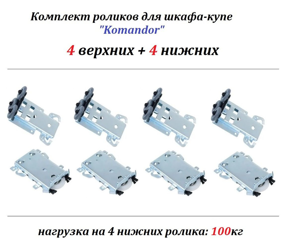Комплект роликов, колёс для шкафа-купе под стальную систему Komandor/ Командор (4 верхних + 4 нижних), #1
