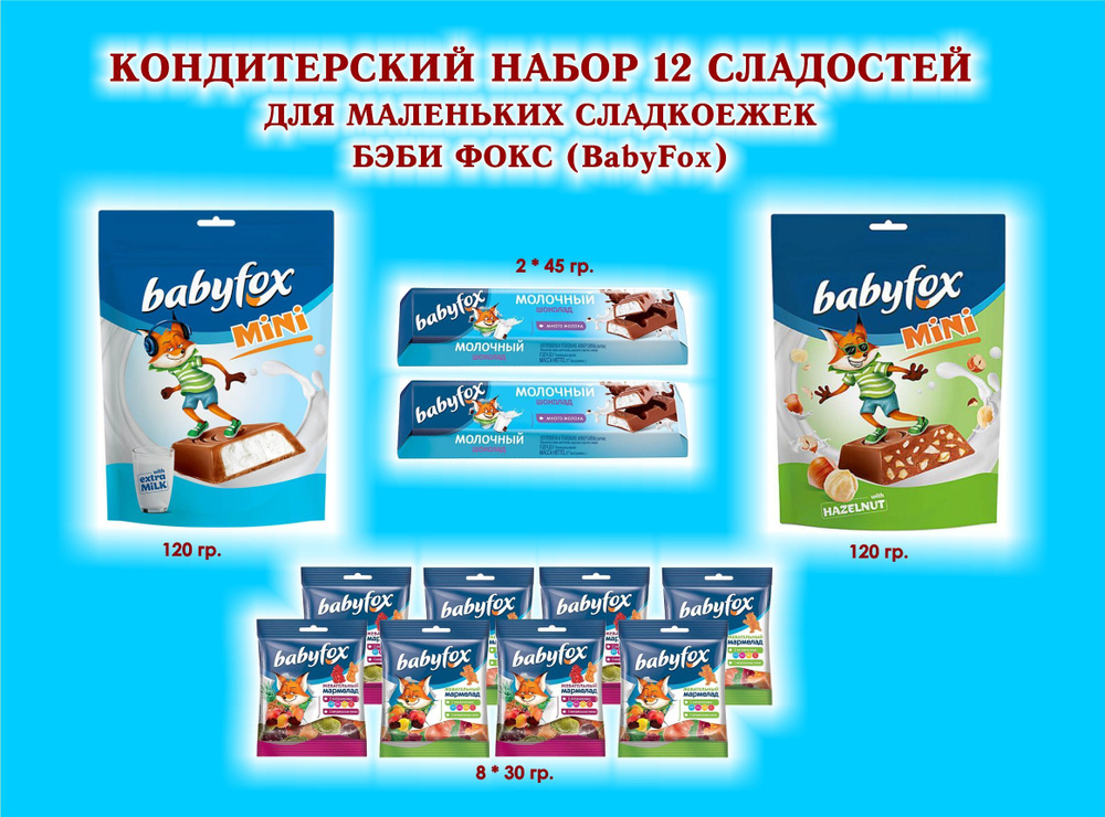 СЛАДОСТИ "BabyFox"-Мармелад жевательный 8*30 гр.+ Батончик с молочной начинкой 2*45 гр.+ Конфеты с молочной #1