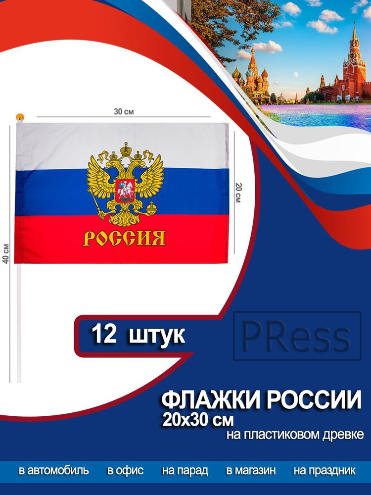 Флажки России, флаг РФ, Государственный Герб 20 х 30 см - 12 шт  #1