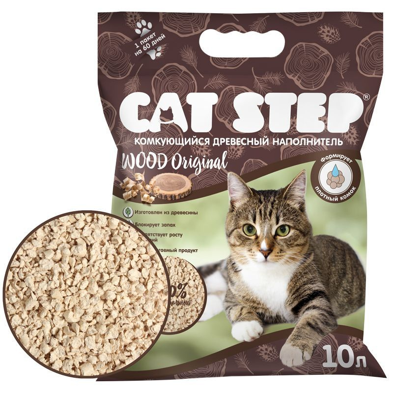 Cat Step Wood Original Наполнитель комкующийся растительный для кошек, 10 л  #1