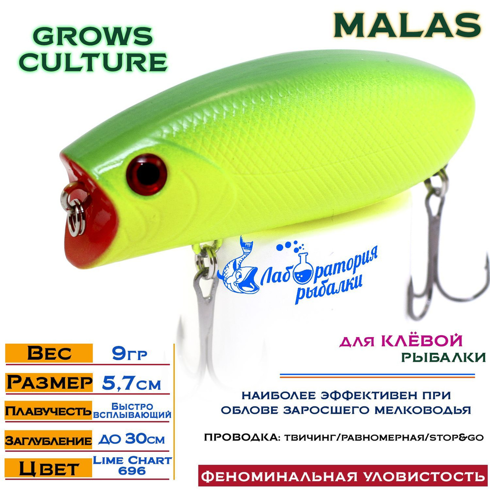 Воблер поверхностный Malas Grows Culture / длина 57 мм , вес 9 гр , цвет 019 Lime Chart , заглубление #1