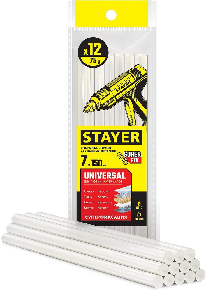 STAYER Universal прозрачные универсальные клеевые стержни, d 7 мм х 150 мм 12 шт. 75 г.  #1